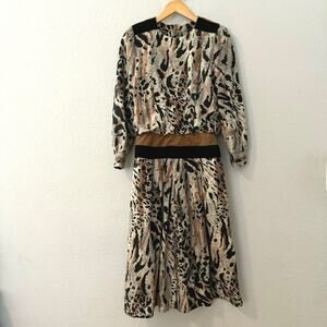 Vintage 80s blousey banded waist jaguar animal print midi dress Stuart Allan M